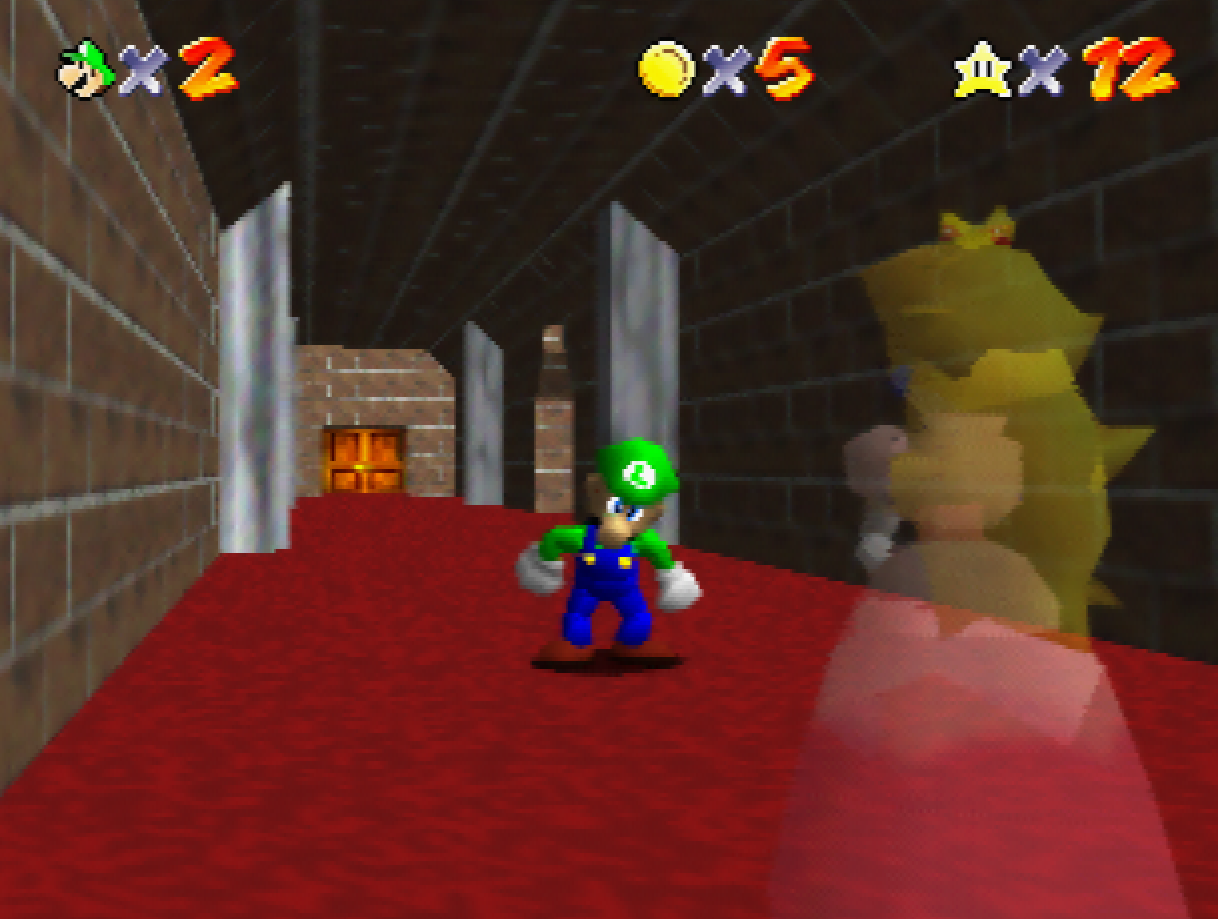 Luigi standing in front of a mysterious Princess Peach apparition