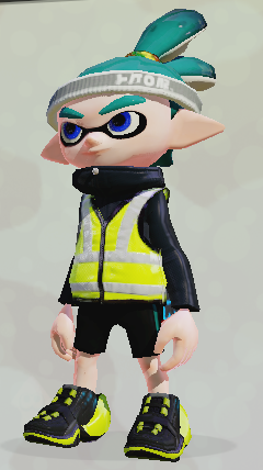 Squid is an Inkling with the default Splatoon boy hair style and blue eyes.