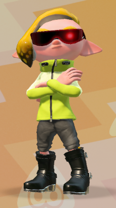 Videogames is an inkling with the Hipster haircut, the agent outfit, big black boots and some sort of sci-fi visor.